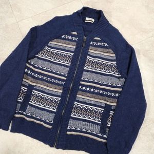 H.E. By Mango Womens 2XL Wool Full Zip Knit Sweater With Pockets Navy Blue‎